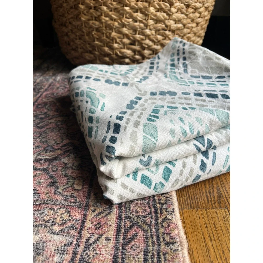 2 West Elm Curtains Cotton Canvas Mosaic Medallion 48x96 White Teal Blue Ikat